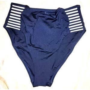 NWT Trina Turk Monaco Pleated High Waisted Bikini Bottom Size 6 Navy Blue Pool